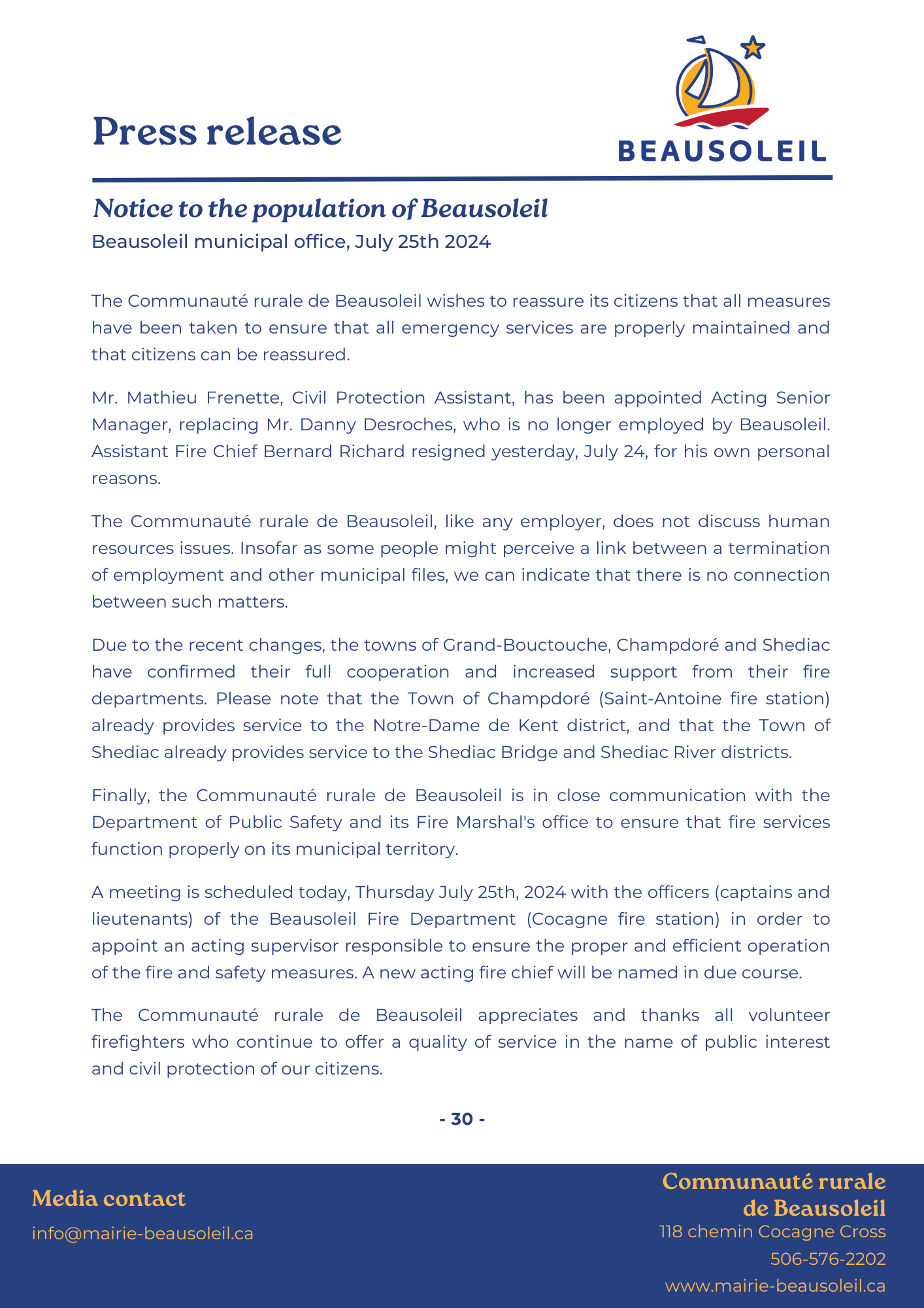 Press release Notice to population 1